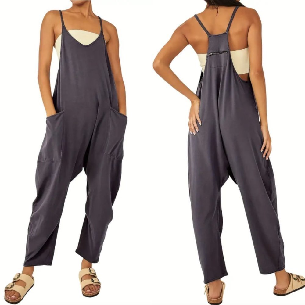 Wide Leg Baggy Jumpsuit One Piece Cold Shoulder Cotton Linen Bib Gray XXL/14 NEW